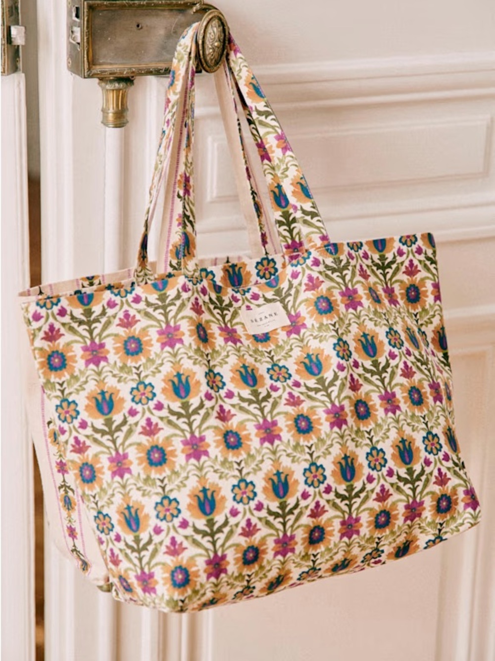Sezane large canvas floral tote bag